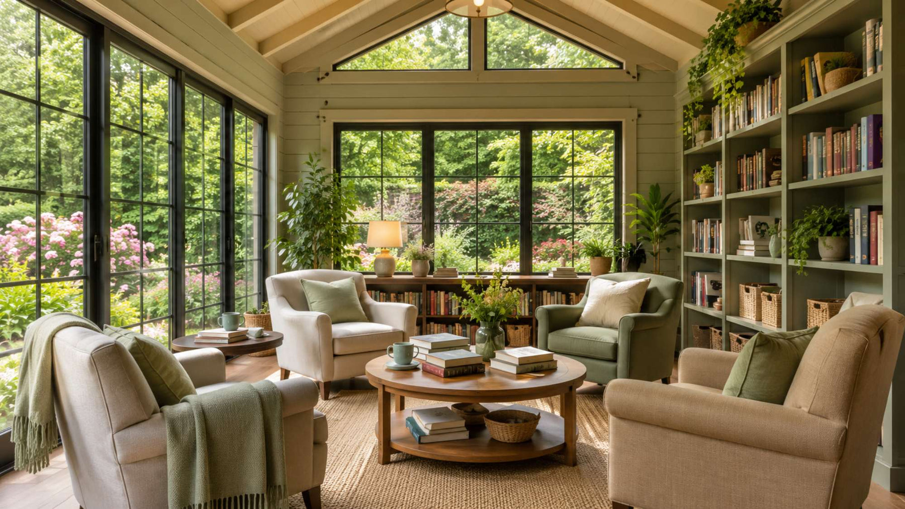 Bright garden room with cozy armchairs, bookshelves, and large windows creating a welcoming book club venue rental
