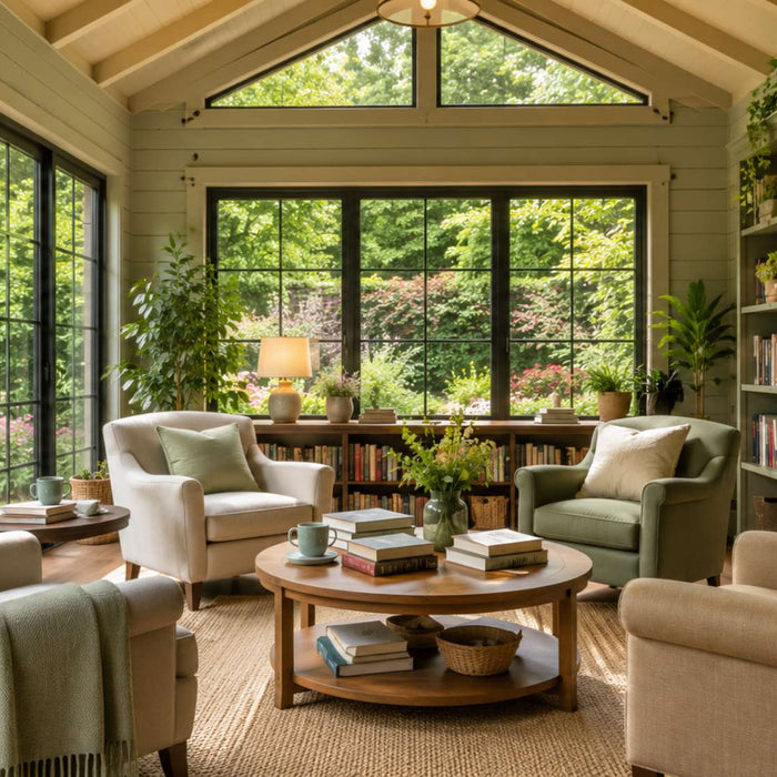 Bright garden room with cozy armchairs, bookshelves, and large windows creating a welcoming book club venue rental