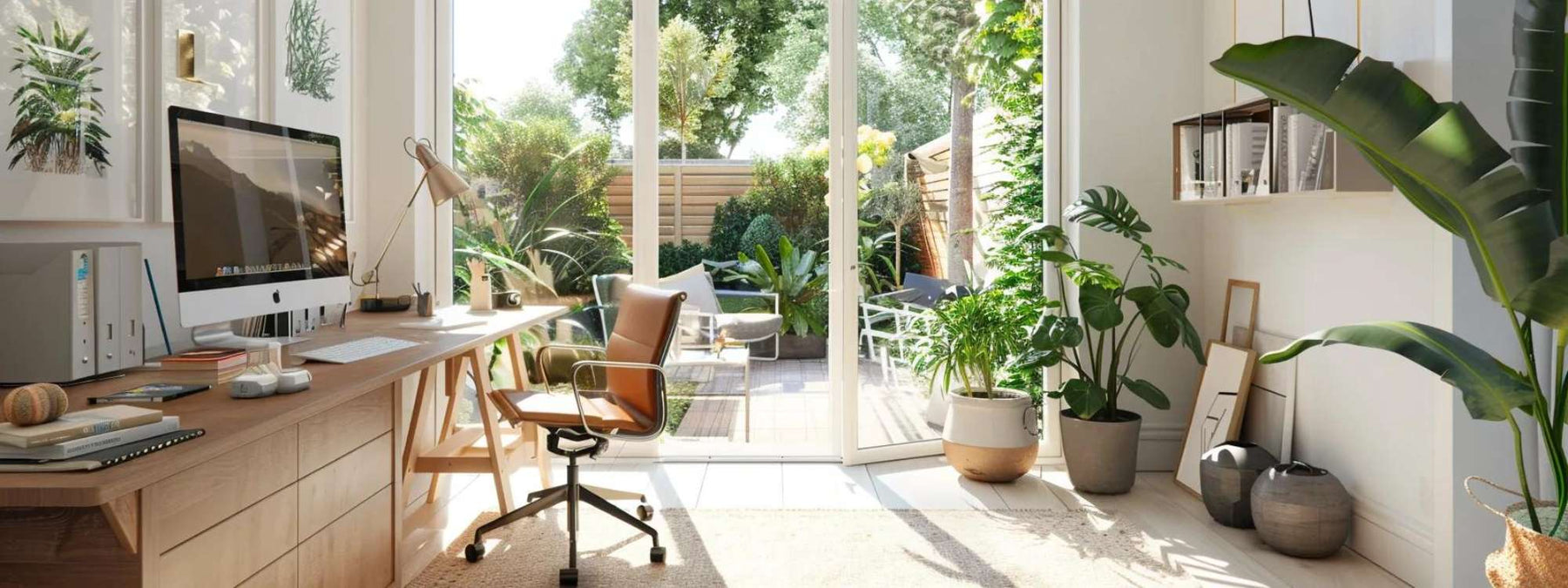 Bright home office with wooden desk, computer, plants, and open glass doors to a sunny garden, ideal for a podcast studio rental setup