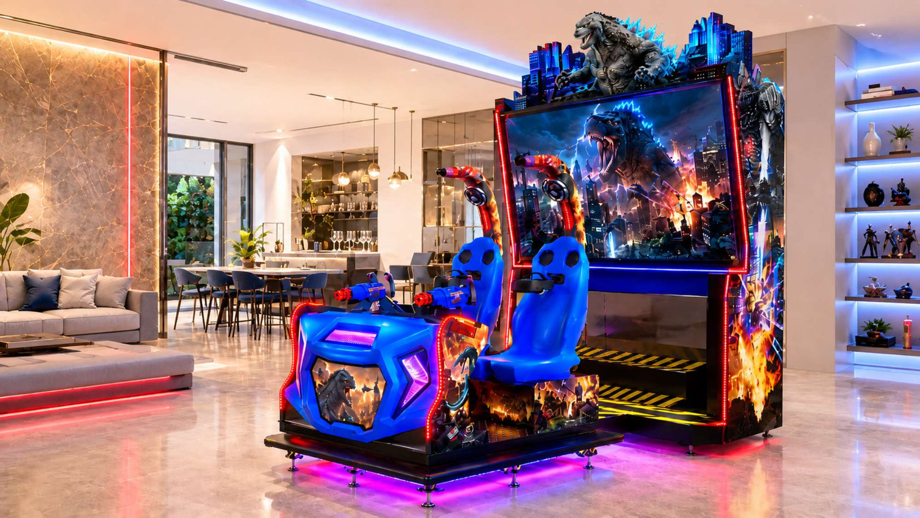 Bright luxury game room features a large Godzilla VR arcade machine with blue motion seats, mounted blasters, neon lighting, and a giant monster battle display