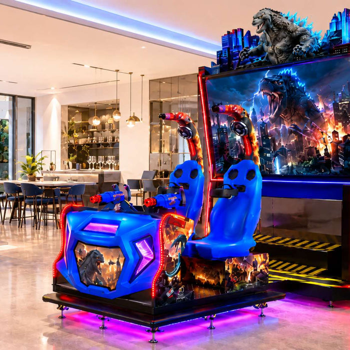 Bright luxury game room features a large Godzilla VR arcade machine with blue motion seats, mounted blasters, neon lighting, and a giant monster battle display