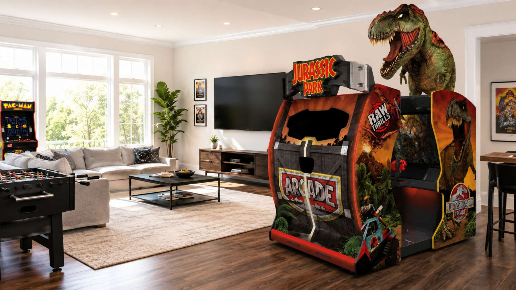 Bright modern game room featuring a Jurassic Park Arcade Machine beside a sofa, foosball table, TV, and large sunlit windows