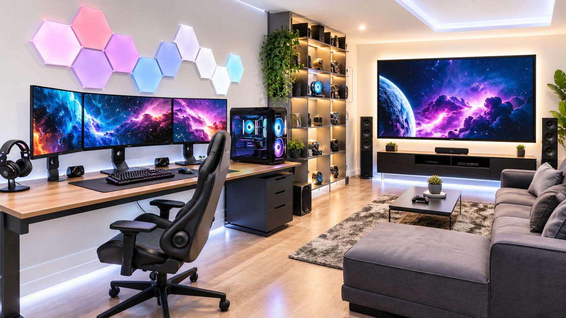 Bright modern gaming setup featuring dual monitors, a gaming PC, smart RGB lighting, a large TV, and game room tech essentials