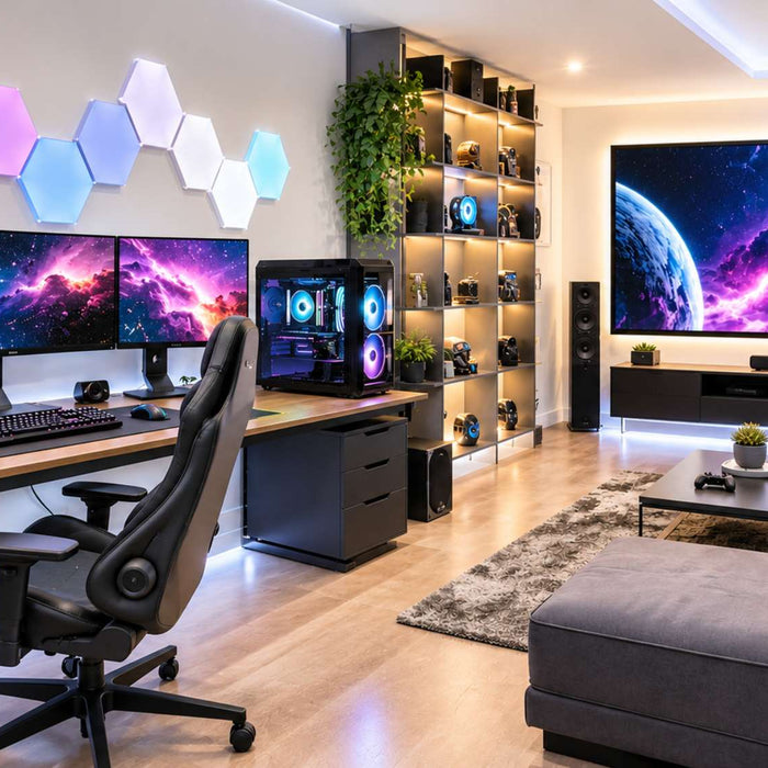 Bright modern gaming setup featuring dual monitors, a gaming PC, smart RGB lighting, a large TV, and game room tech essentials