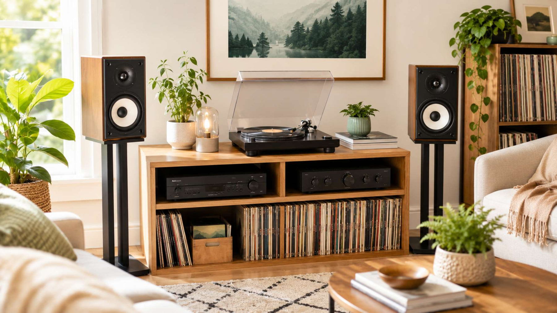 Bright modern living room features a stylish record player setup with bookshelf speakers, a wooden media console, and neatly stored vinyl records