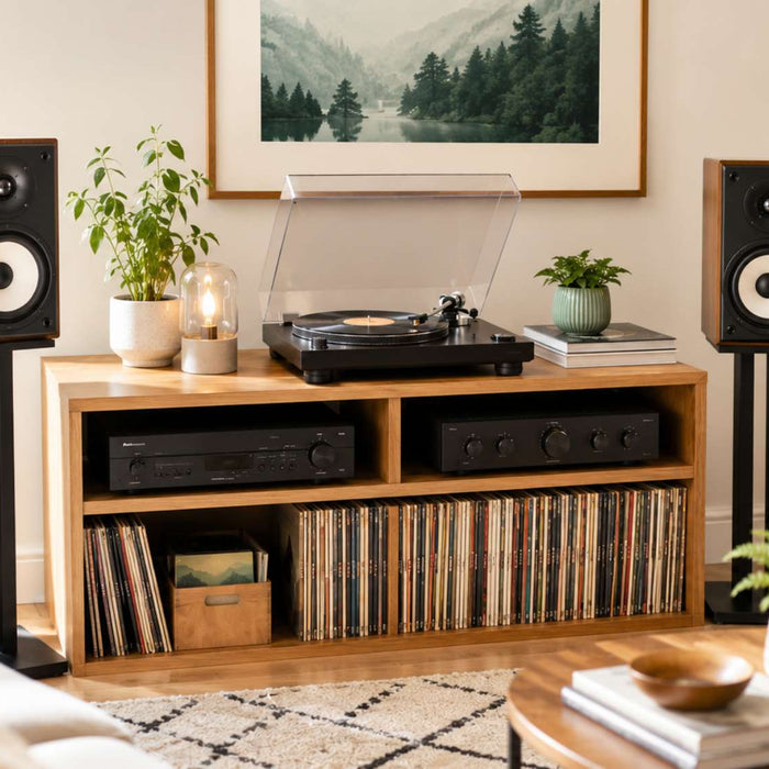 Bright modern living room features a stylish record player setup with bookshelf speakers, a wooden media console, and neatly stored vinyl records