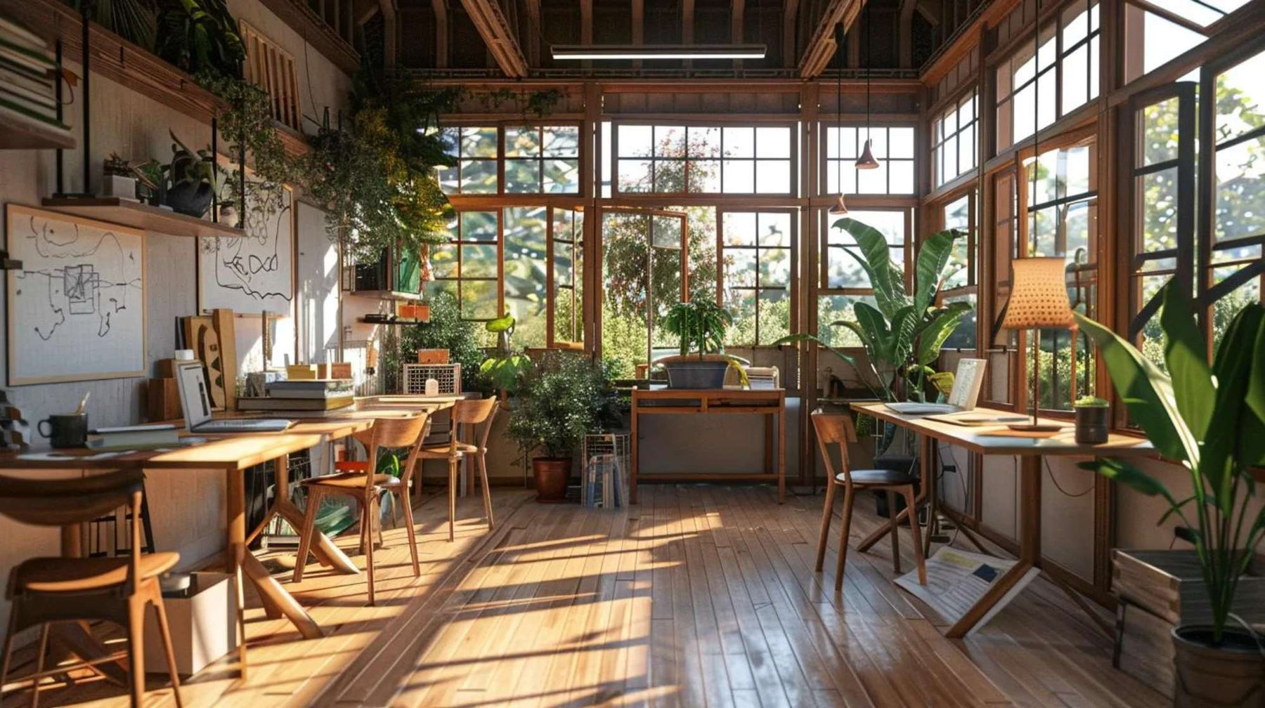 Bright, plant-filled garden house tutoring studio with wooden desks, large windows, and natural light creating a calm and focused learning space