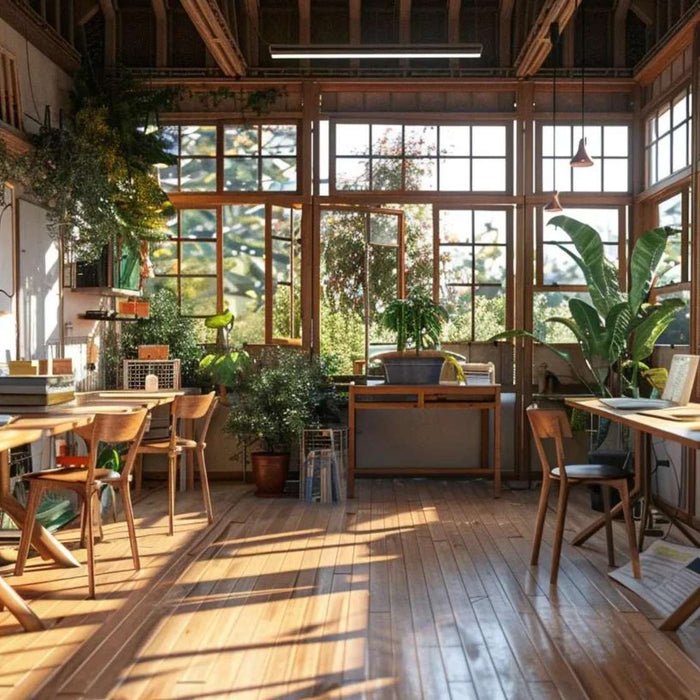 Bright, plant-filled garden house tutoring studio with wooden desks, large windows, and natural light creating a calm and focused learning space