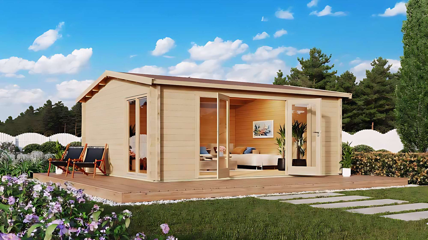 Bright and airy backyard garden room with natural wood walls, plants, and sunlight, reflecting How a Garden Room Supports Mind & Body Health
