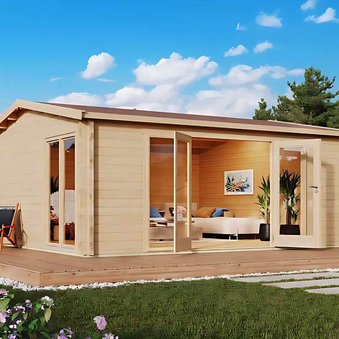Bright and airy backyard garden room with natural wood walls, plants, and sunlight, reflecting How a Garden Room Supports Mind & Body Health