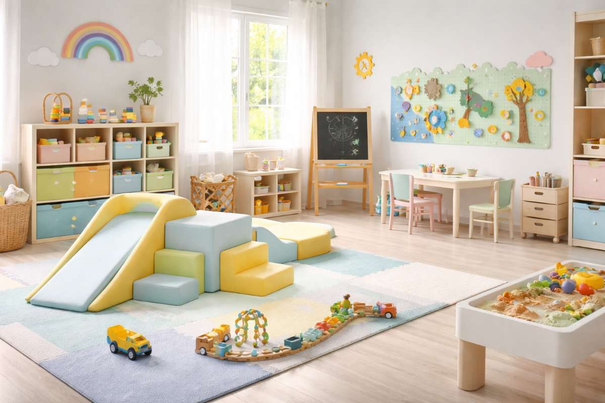 Bright game room for toddlers with soft foam climbing blocks, a small slide, low tables, open toy storage, and a sensory sand table arranged on cushioned flooring