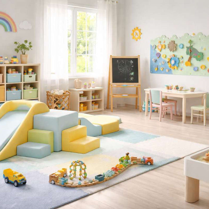 Bright game room for toddlers with soft foam climbing blocks, a small slide, low tables, open toy storage, and a sensory sand table arranged on cushioned flooring