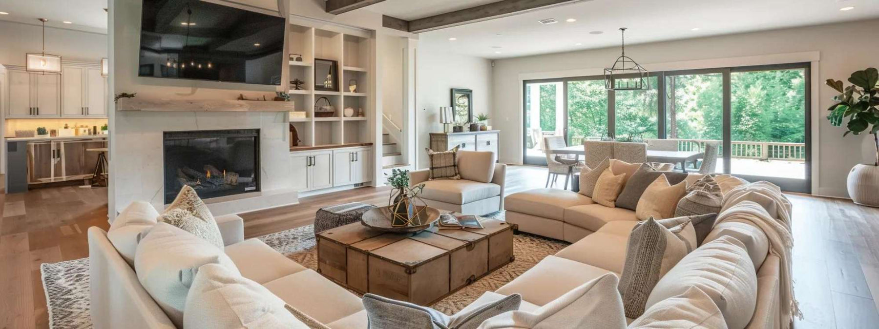 Bright open living room with sectional seating, fireplace, and dining area, showing a home example of what are the different types of gathering spaces