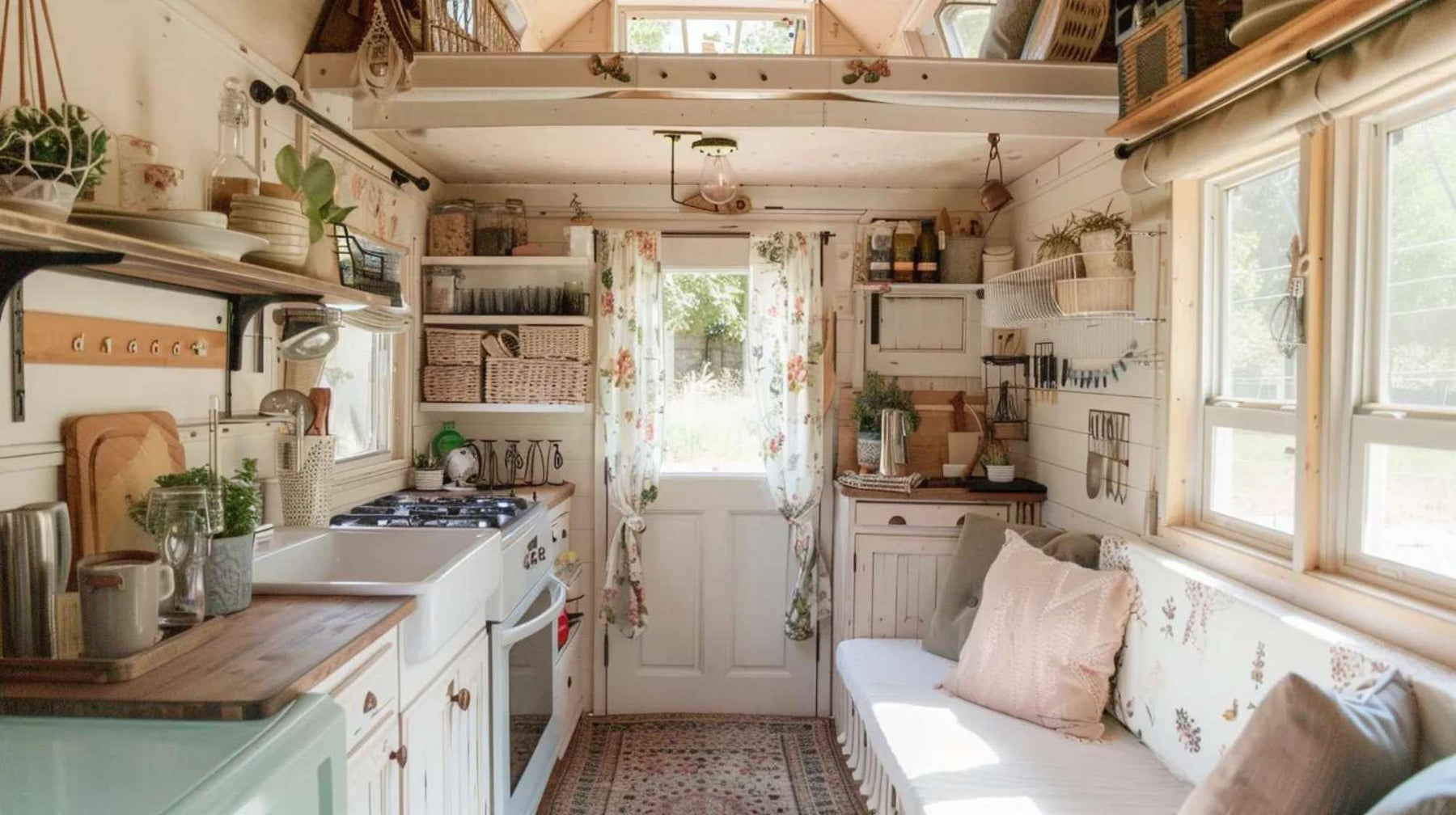 Bright she shed with kitchen with a farmhouse sink, wooden countertops, and floral decor creating a warm, lived-in feel