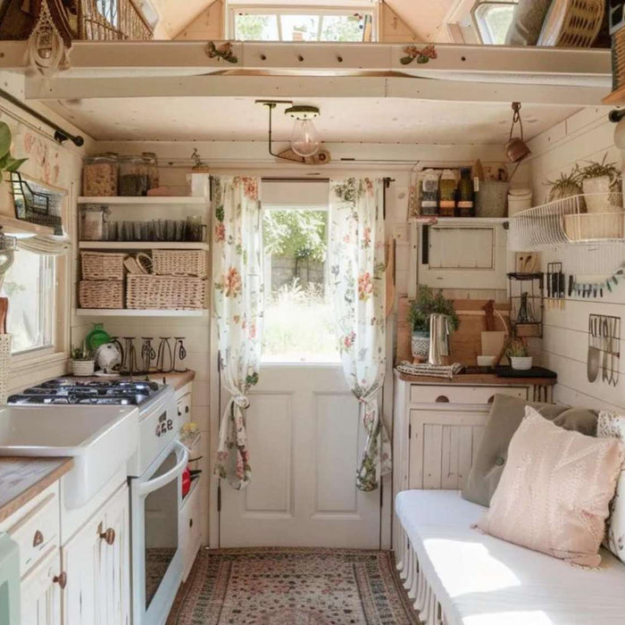 Bright she shed with kitchen with a farmhouse sink, wooden countertops, and floral decor creating a warm, lived-in feel