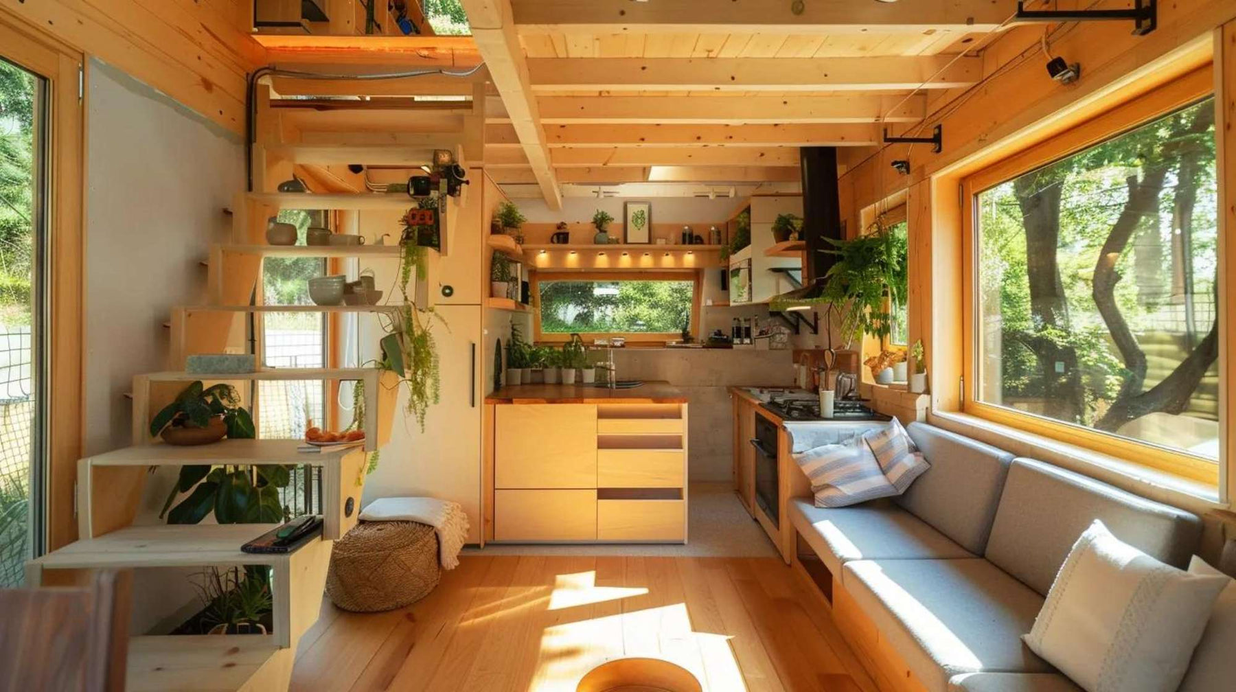 Bright tiny home interior with wood walls, compact kitchen, built-in seating, and large windows, illustrating smart design while asking can tiny homes have basements