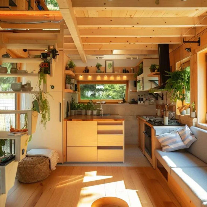 Bright tiny home interior with wood walls, compact kitchen, built-in seating, and large windows, illustrating smart design while asking can tiny homes have basements