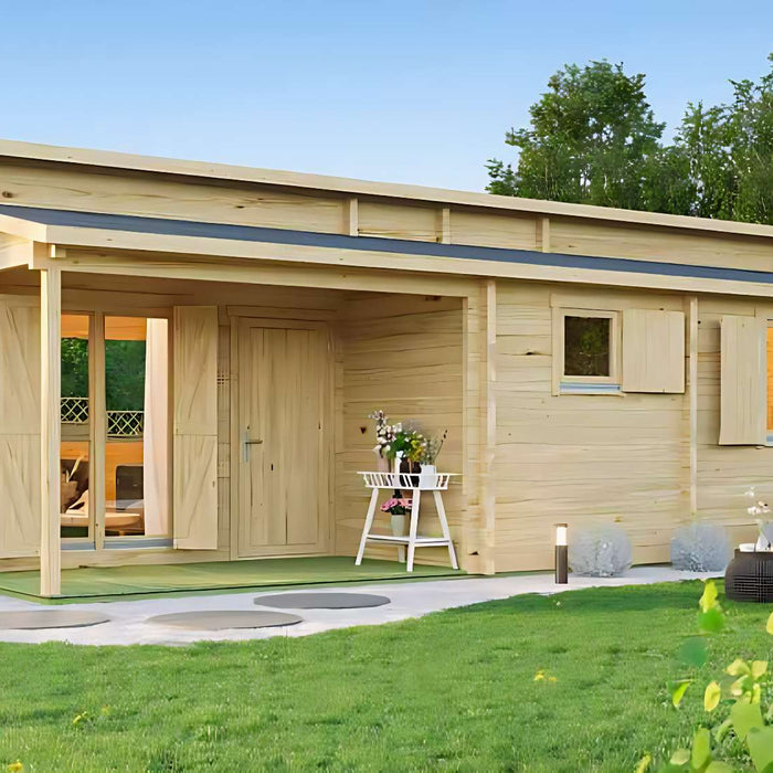 Bright wooden garden room sits in a lush backyard surrounded by greenery, showing Ways to Decorate Your Outdoor Freedom Room with Greenery for comfort and style