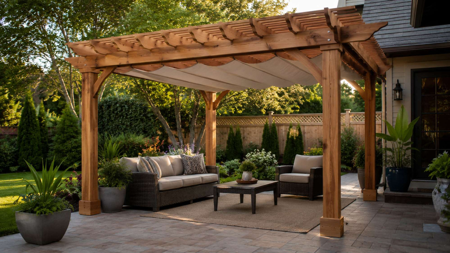 Cedar pergola with a retractable canopy shading wicker seating on a landscaped backyard patio
