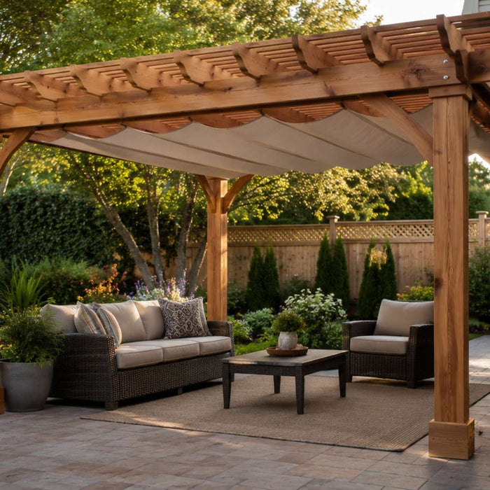 Cedar pergola with a retractable canopy shading wicker seating on a landscaped backyard patio