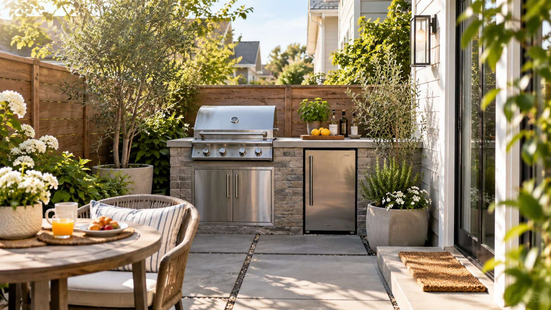 Small outdoor kitchen with a stainless steel grill, mini fridge, stone counter, dining table, and lush plants in a sunny backyard