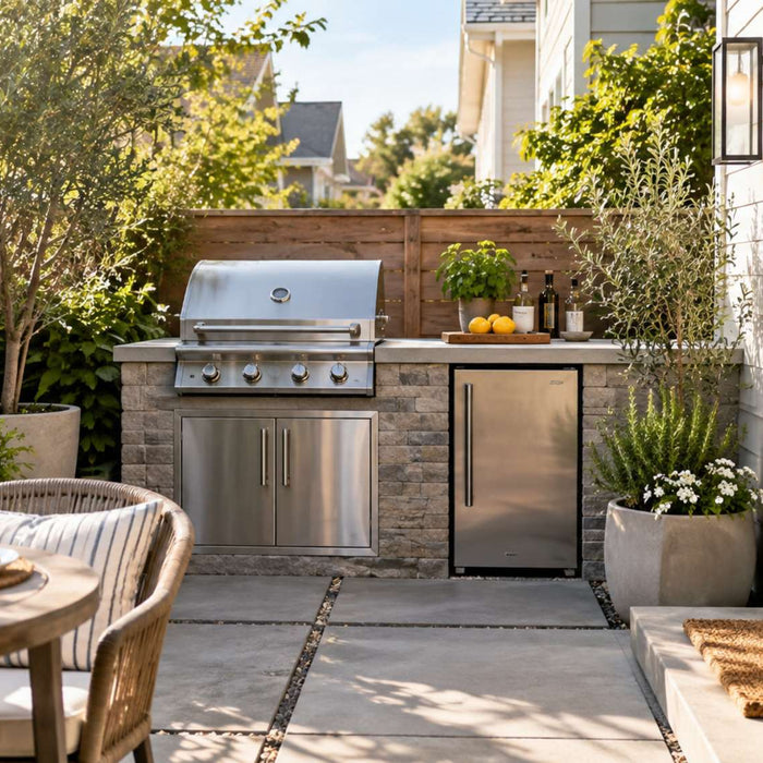 Small outdoor kitchen with a stainless steel grill, mini fridge, stone counter, dining table, and lush plants in a sunny backyard