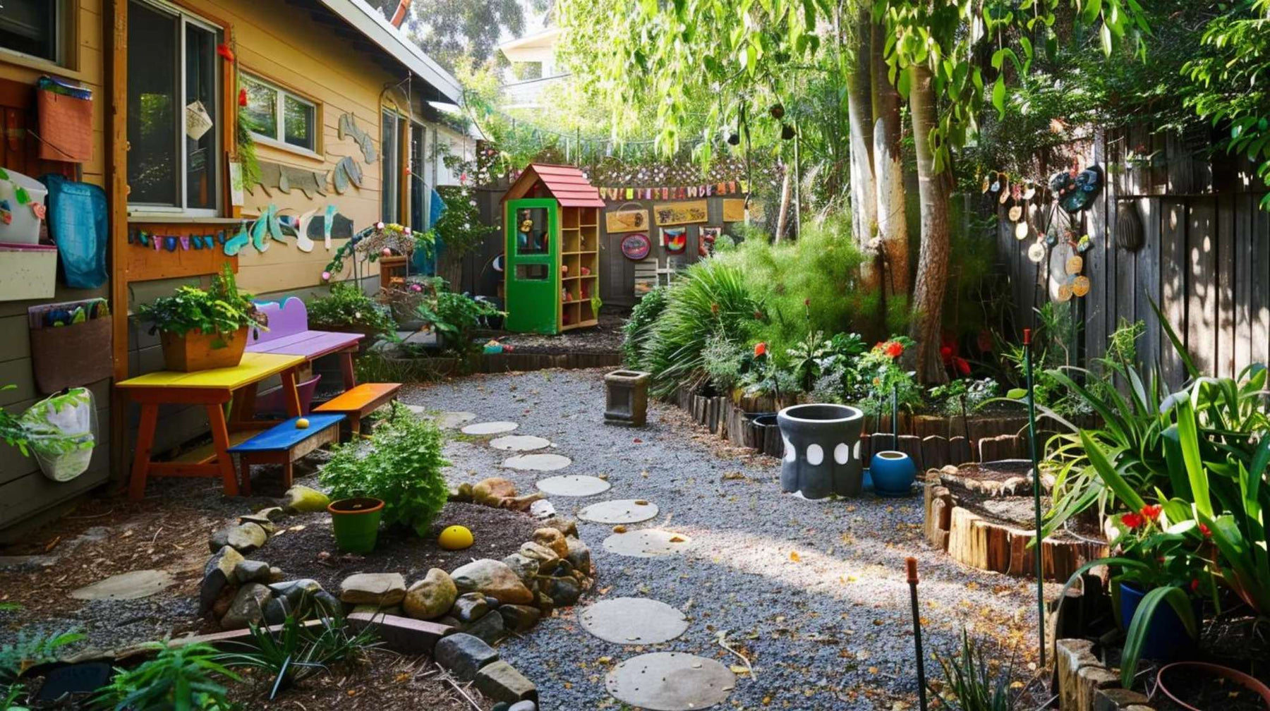Child-friendly backyard learning space featuring gardens, nature play zones, and outdoor activities that can help grow backyard daycare income