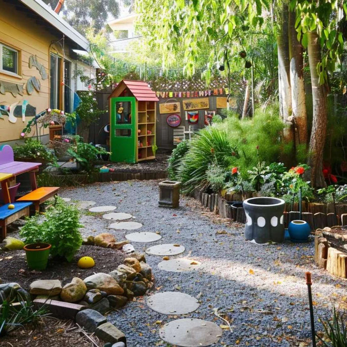 Child-friendly backyard learning space featuring gardens, nature play zones, and outdoor activities that can help grow backyard daycare income