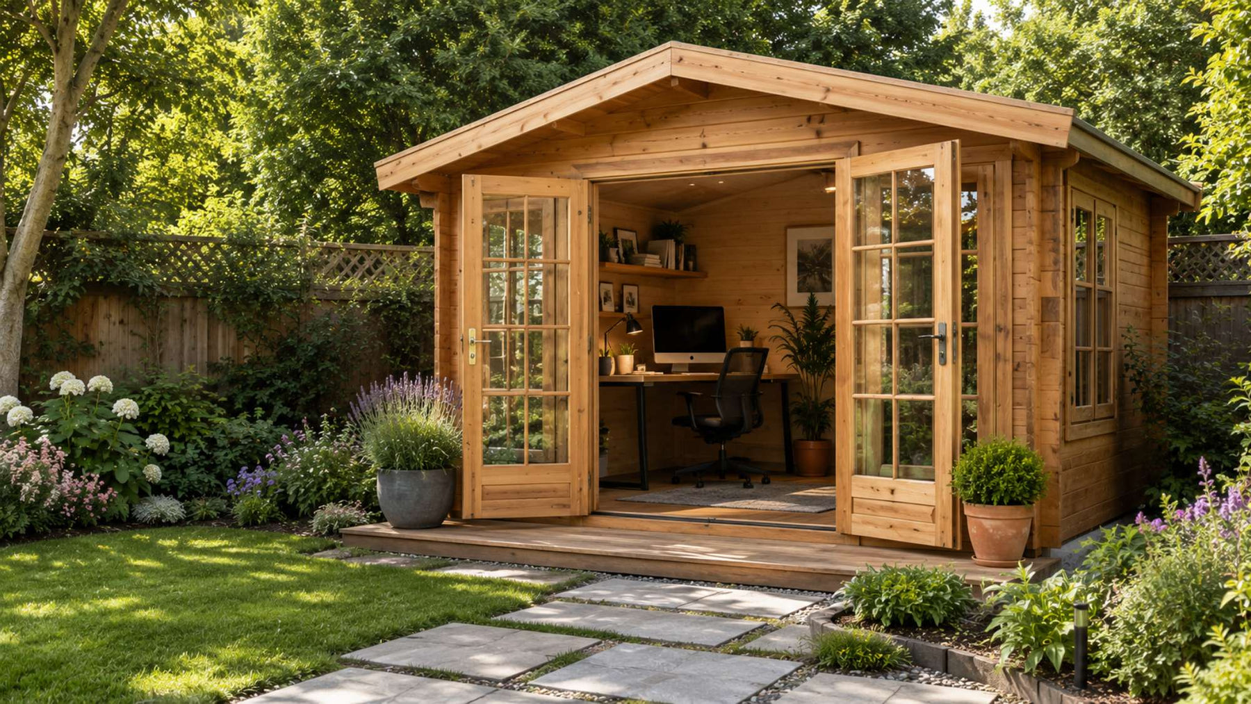 Classic wooden backyard office with open French doors and a bright, modern workspace surrounded by a landscaped garden
