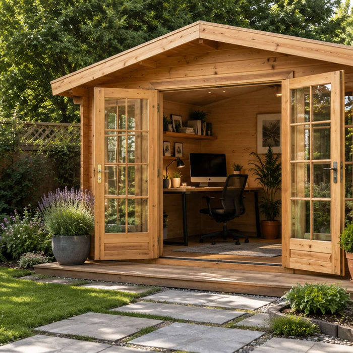 Classic wooden backyard office with open French doors and a bright, modern workspace surrounded by a landscaped garden