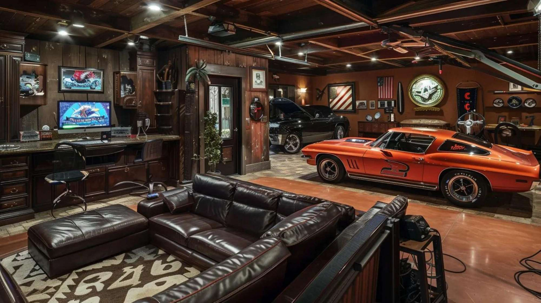 Classic car beside plush leather couches and a home bar setup defines What is a Man Cave Garage