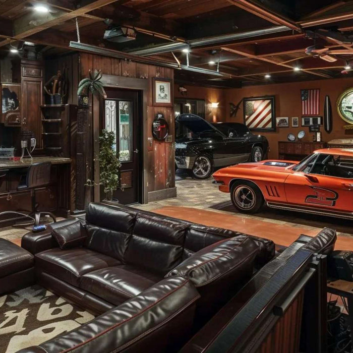 Classic car beside plush leather couches and a home bar setup defines What is a Man Cave Garage