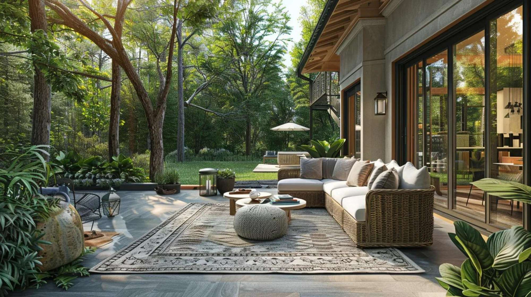 Clean outdoor rugs anchor a cozy patio seating area beside a modern home, surrounded by lush trees, plants, and natural light