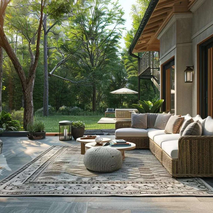 Clean outdoor rugs anchor a cozy patio seating area beside a modern home, surrounded by lush trees, plants, and natural light
