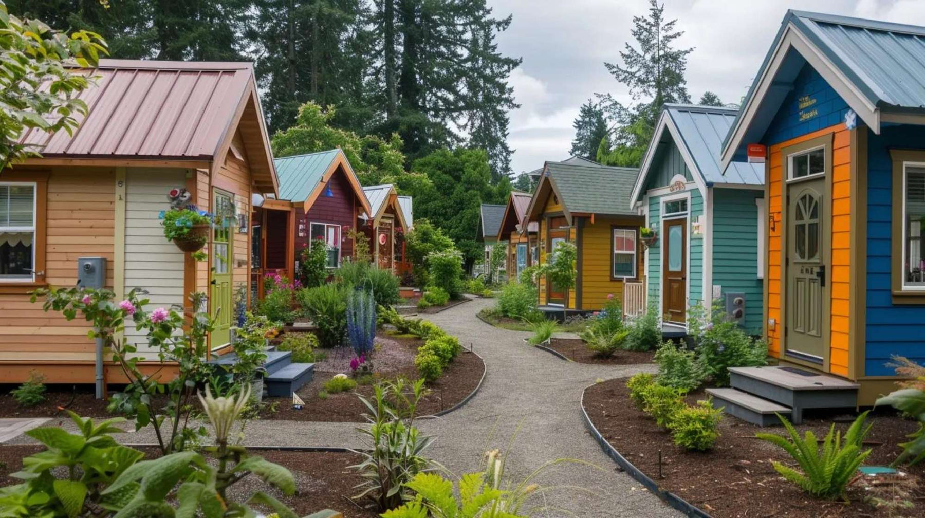 Colorful small homes along a garden path, visually explaining what is a tiny home village as a close-knit community