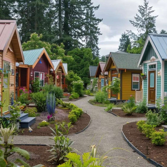 Colorful small homes along a garden path, visually explaining what is a tiny home village as a close-knit community