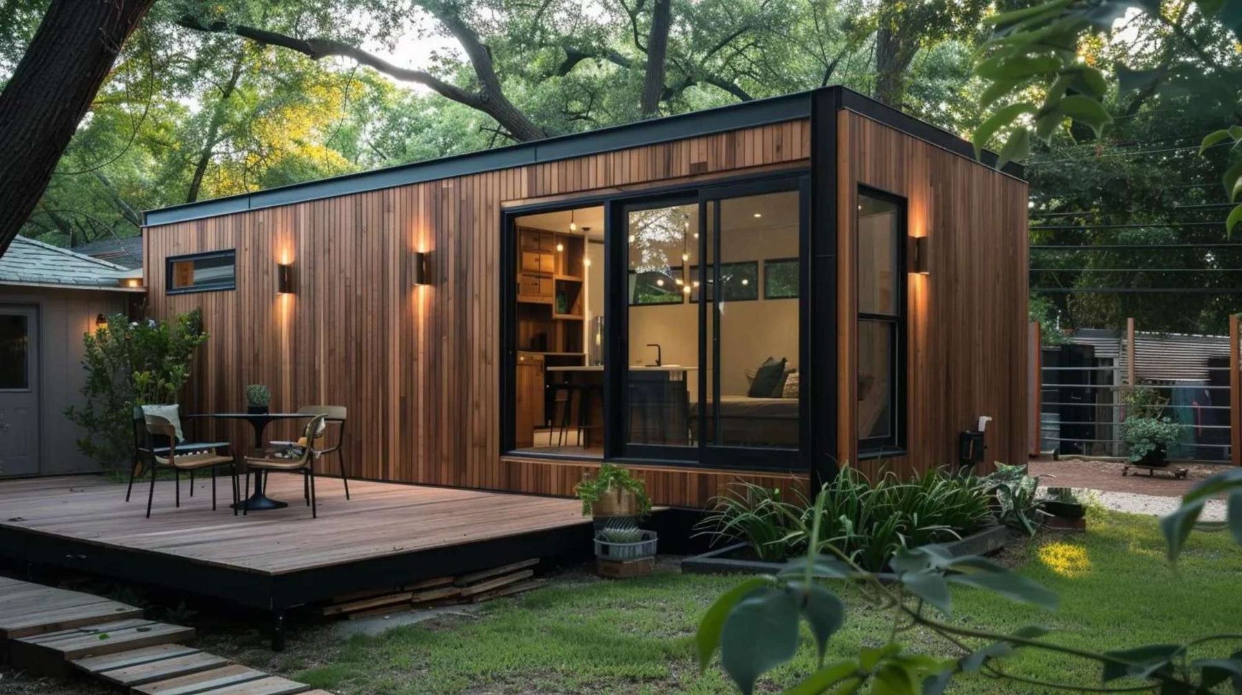 Compact backyard guest suite rental with floor-to-ceiling glass doors, warm exterior lighting, and a secluded backyard setting