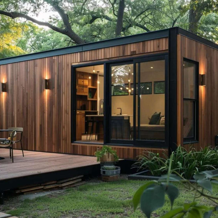 Compact backyard guest suite rental with floor-to-ceiling glass doors, warm exterior lighting, and a secluded backyard setting