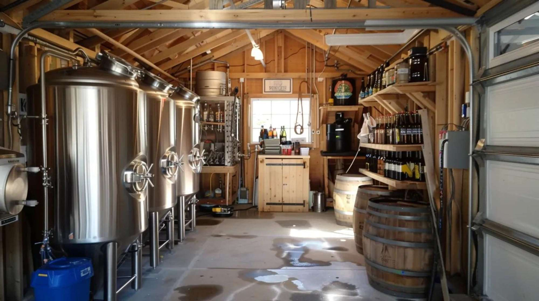 Compact shed brewery business with stainless steel brewing tanks, bottle storage shelves, and a clean workspace inside a converted wooden shed