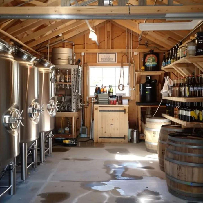Compact shed brewery business with stainless steel brewing tanks, bottle storage shelves, and a clean workspace inside a converted wooden shed