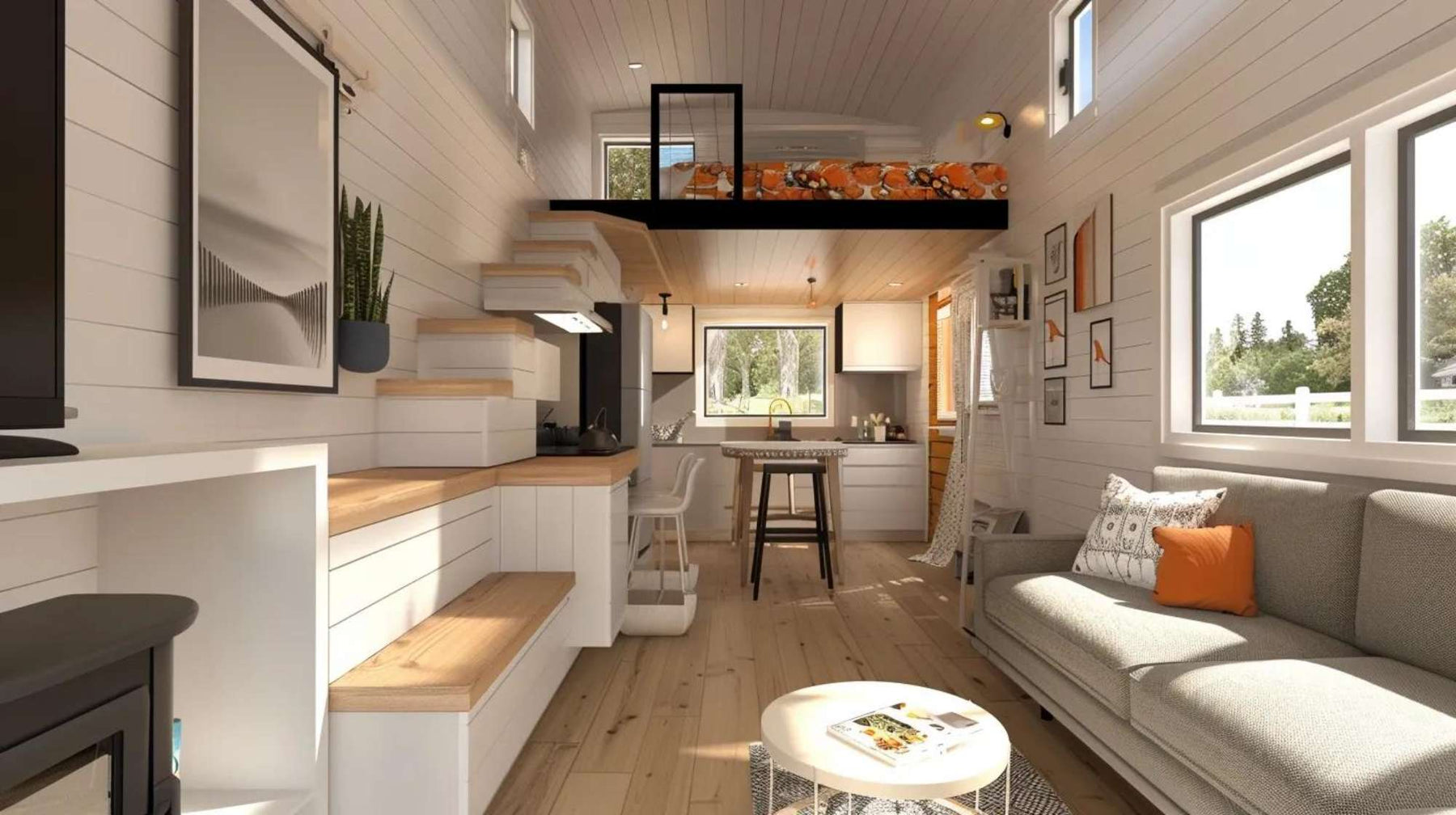 Compact white shed interior with loft bed, storage stairs, small kitchen, and sofa, perfect for she shed ideas on a budget