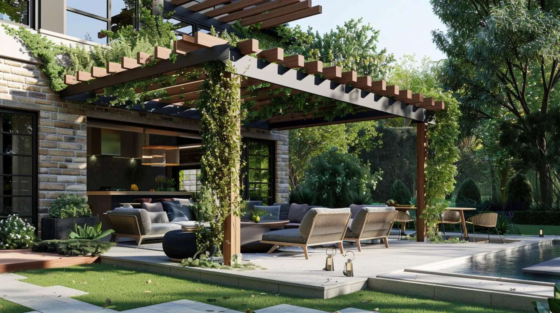 Contemporary outdoor lounge area shaded by a wooden timber frame pergola with comfortable furniture, greenery, and a pool nearby