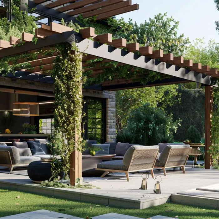 Contemporary outdoor lounge area shaded by a wooden timber frame pergola with comfortable furniture, greenery, and a pool nearby