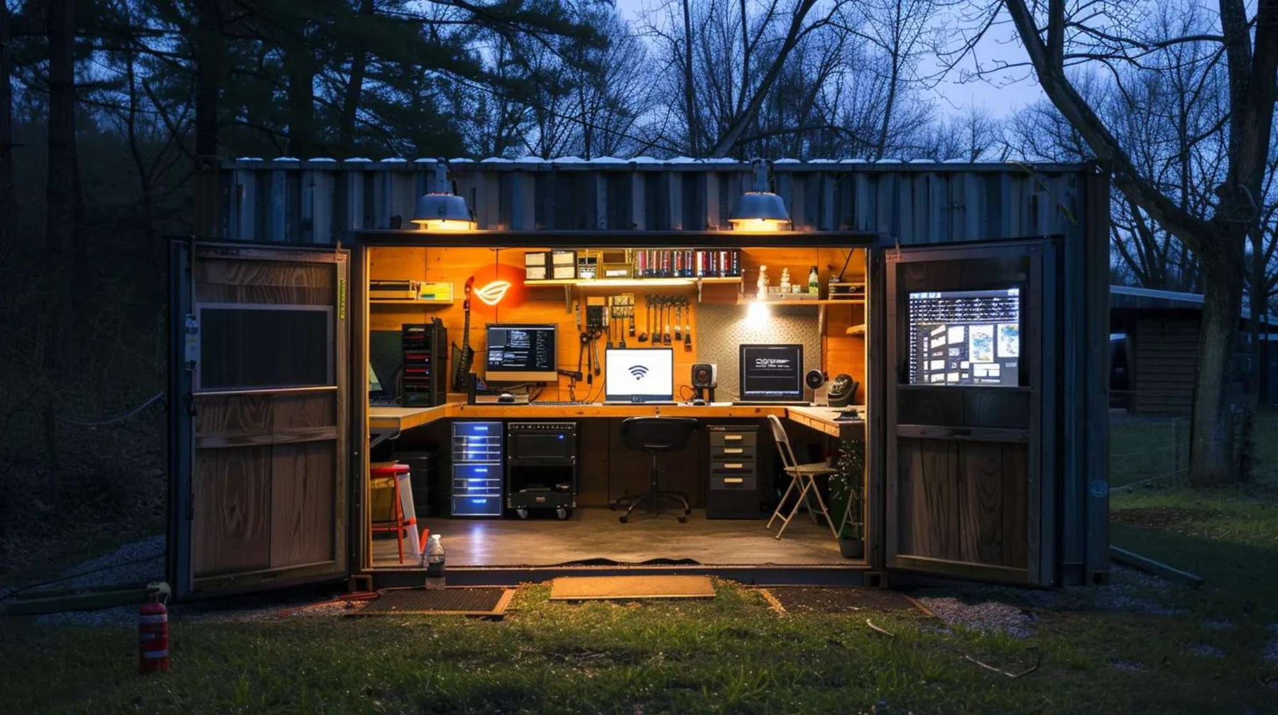 Converted backyard shed with workbenches, computers, and repair tools set up for a professional shed tech repair business