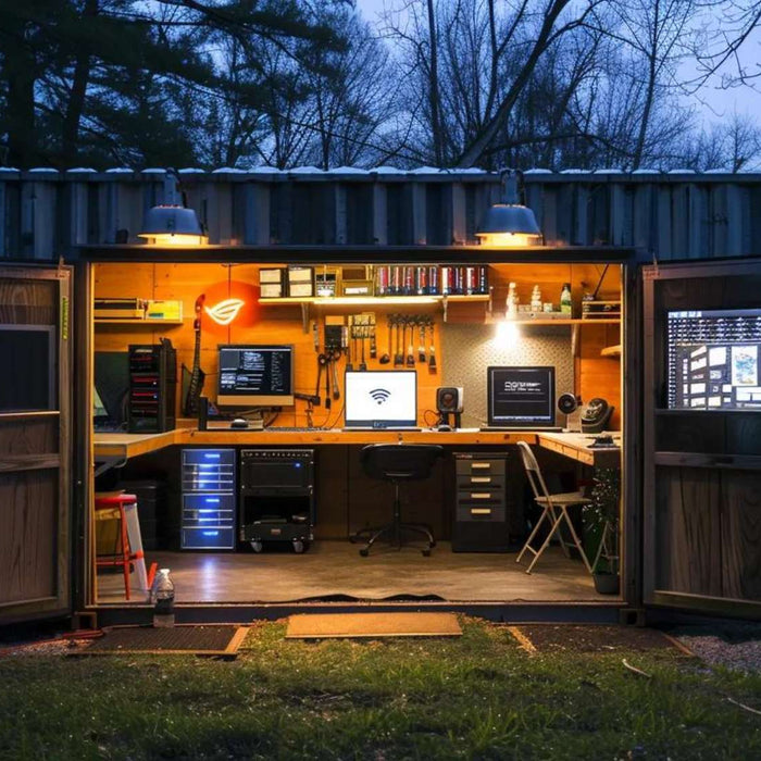 Converted backyard shed with workbenches, computers, and repair tools set up for a professional shed tech repair business