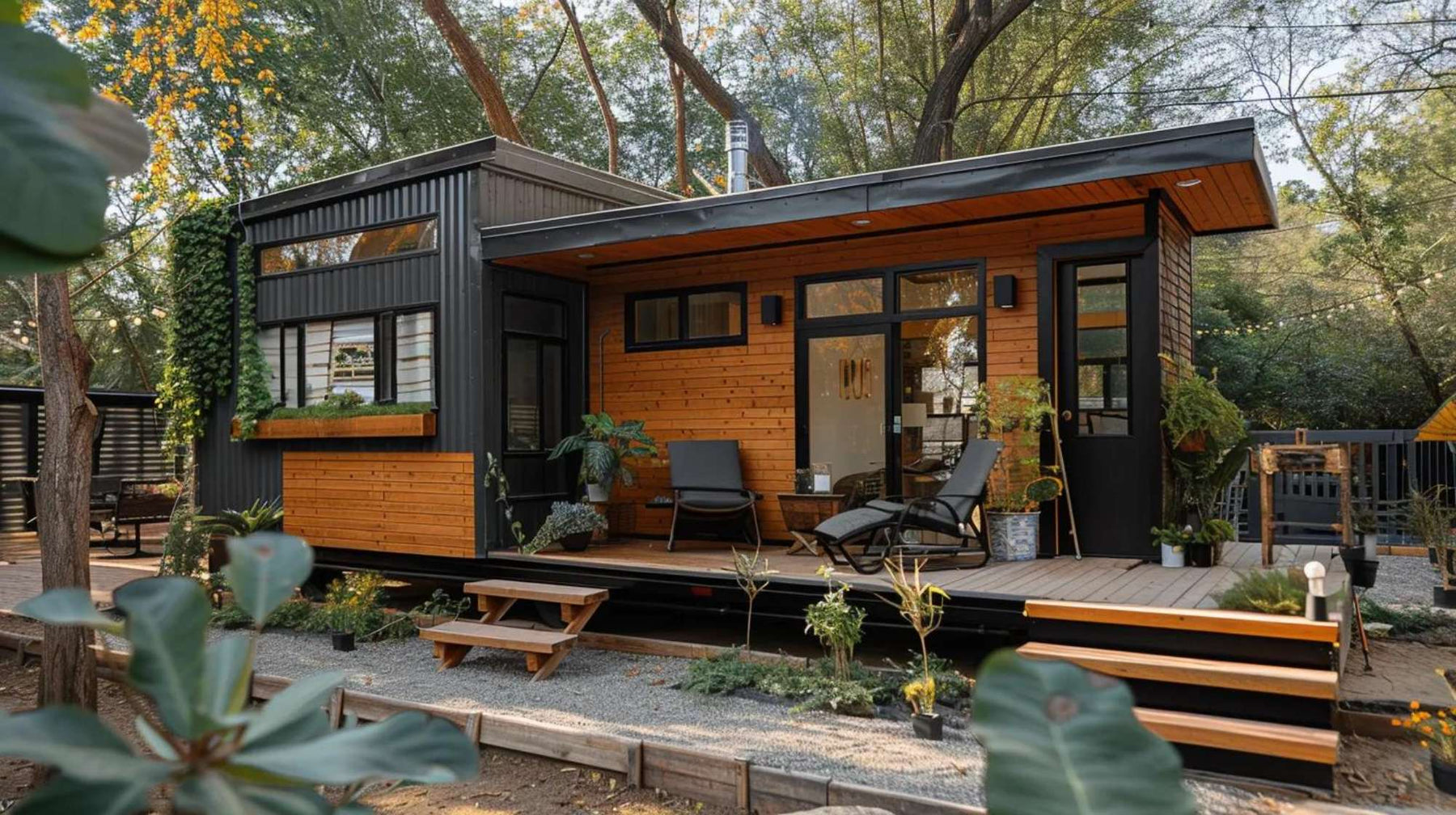 Corporate tiny home rental backyard cabin with modern wood and black siding, large windows, and a small deck with lounge chairs in a quiet garden setting