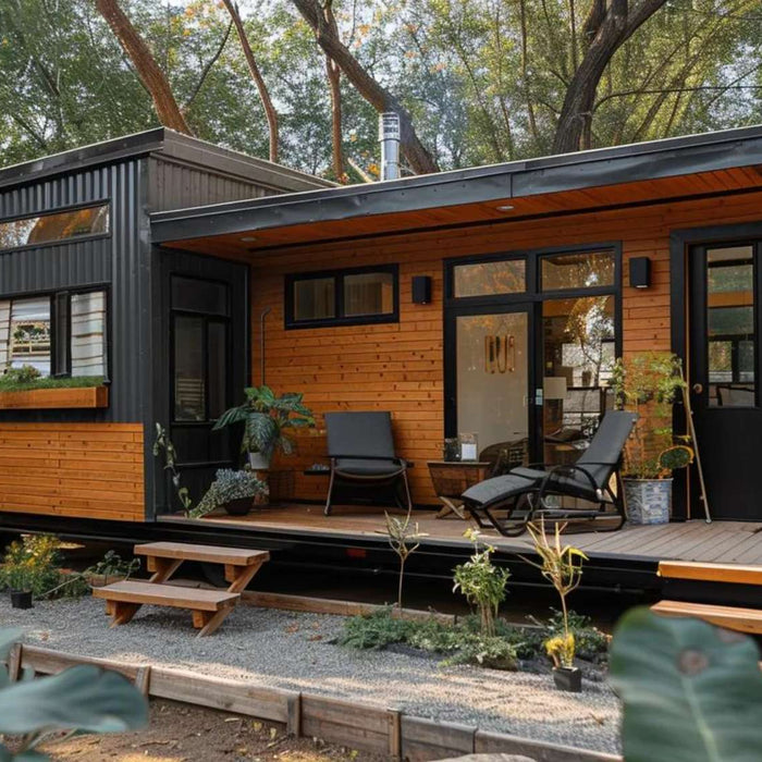 Corporate tiny home rental backyard cabin with modern wood and black siding, large windows, and a small deck with lounge chairs in a quiet garden setting