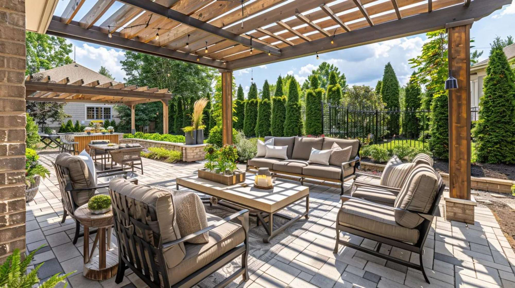 Covered backyard patio with seating and dining areas featuring neutral outdoor furniture fabrics beneath a wooden pergola