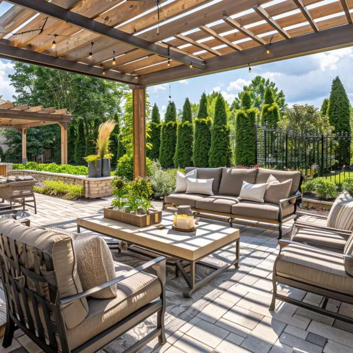Covered backyard patio with seating and dining areas featuring neutral outdoor furniture fabrics beneath a wooden pergola