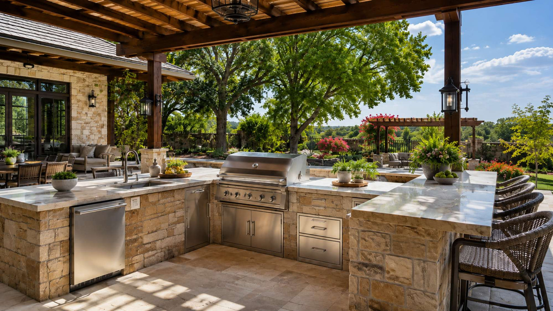 Covered outdoor kitchen design features a stainless steel grill, stone counters, sink, bar seating, and a landscaped backyard patio